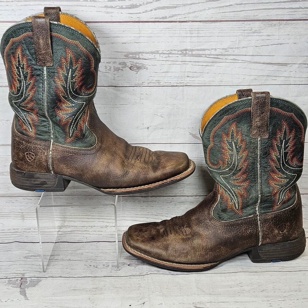 ARIAT Western Boots Brown Green US 4 Leather Embroidered Square Toe 10047010